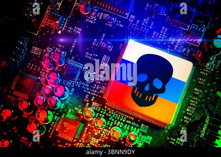 Computer chip with skull symbol and Russian flag, symbolic photo of cyber attacks and hybrid warfare, photomontage Stock Photo