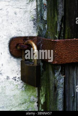 A padlock on a wooden gate, deadbolt Stock Photo