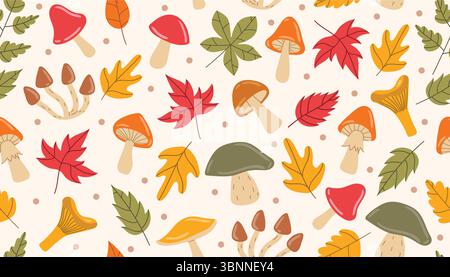 Cute autumn seamless pattern with leaf, mushroom and tiny dot in messy order, cartoon flat style. Cozy fall design perfect for fabric, wrapping, kids Stock Vector