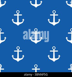 Nautical seamless pattern with white anchor silhouette in polka dot order on navy blue background in cartoon flat style. Classic marine design perfect Stock Vector