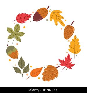 Cute autumn round frame or wreath with leaf, cone, acorn, and tiny dot in cartoon flat style. Cozy seasonal design perfect for cards, invitations, sti Stock Vector