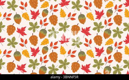 Seamless cartoon flat style pattern with autumn leaf, rosehip, cone, and acorn. Cozy and colorful design ideal for textiles, paper goods, packaging, f Stock Vector