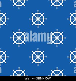 Nautical seamless pattern with white ship wheel silhouette in polka dot order on navy blue background in cartoon flat style. Classic marine design ide Stock Vector