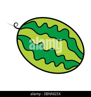 Striped Watermelon Vector Illustration. A colorful vector illustration of a whole watermelon depicted in a playful, cartoon style. Stock Vector