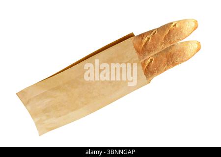 Paper bag with two French baguettes on white background. Stock Photo