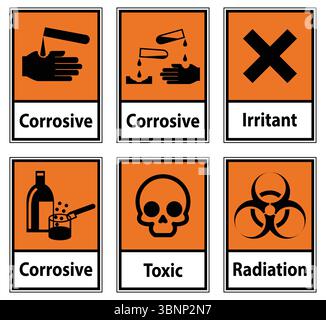 A collection of safety signs illustrating hazardous material symbols, including corrosive, irritant, toxic, and radiation warnings. Essential for chem Stock Vector