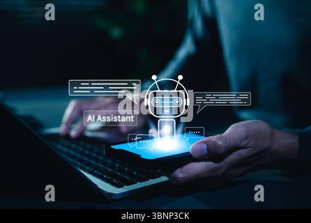 AI chatbot virtual assistant technology concept. Person using smartphone chat with AI chatbot that has dialogue bubbles, Stock Photo