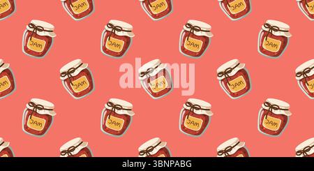 Seamless cartoon pattern with cute glass jars of berry jam on coral red background. Autumn Vector illustration background  Stock Vector