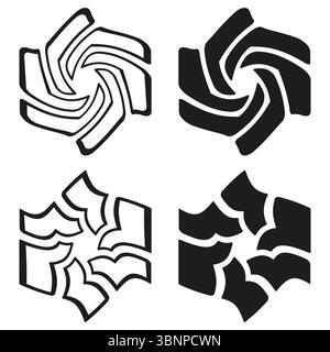 Four abstract shapes. Curved spiral icons. Black white design. Geometric vector elements. Stock Vector