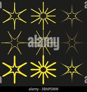 Bright yellow stars. Cartoon explosion shapes. Black background. Vector illustration. Stock Vector