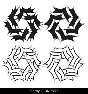 Four abstract shapes. Spiky swirl designs. Black white icons. Vector pattern set. Stock Vector