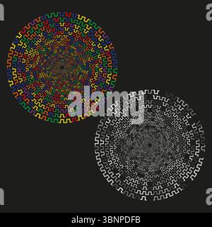 Particle sphere duo. Multicolor grayscale mix. Dynamic cluster Vector. Contrast circular pattern. Stock Vector