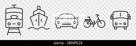 Transportation Icons Set with Train, Boat, Car, Bike, and Bus Stock Vector