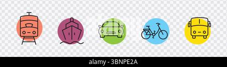 Transportation Icons Set with Train, Boat, Car, Bike, and Bus Stock Vector