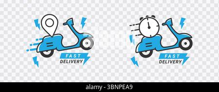 "Fast Delivery Scooter Icons - Location and Time Delivery Symbols" Stock Vector