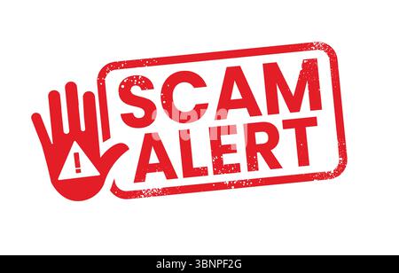 "Scam Alert Warning - Red Hand with Caution Symbol" Stock Vector