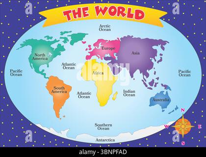 Colorful World Map with Continents and Oceans for Kids Stock Vector