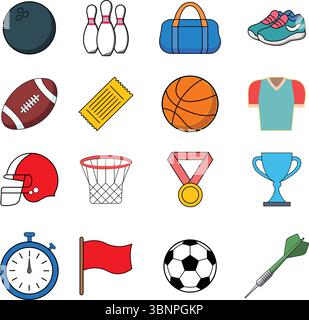 Collection of Sports Icon Illustrations Representing Varied Athletics Equipment and Activities Stock Vector