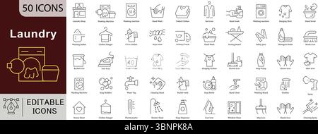 Laundry Line Icons: Machine, Clothes, Cleaning and Care Vectors Stock Vector