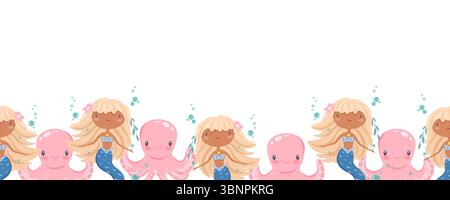 Seamless border with blonde mermaids and octopuses Stock Vector