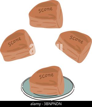 Flat vector illustration of four scones on a plate with a light blue background. Perfect for food design, bakery menus, or print decor. Stock Vector