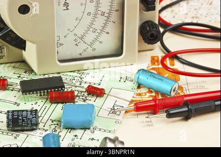 Electric meter and electronic components on circuit Stock Photo