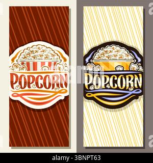 Vector vertical layout for Popcorn with empty copy space for ad, illustration of delicious sweet popcorn in large carton box, unique brush lettering f Stock Vector