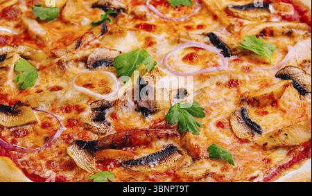 Fresh Barbecue Chicken Pizza with Vegetables and Cheese Stock Photo