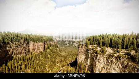Flat design illustrating forested canyon rocky cliffs with sunlit pine covered ridges fading Stock Photo