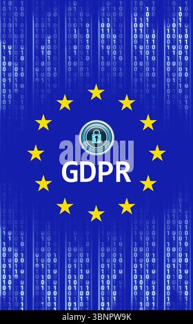 Flat design is showing binary streams over blue field with yellow star circle, padlock, GDPR text Stock Photo