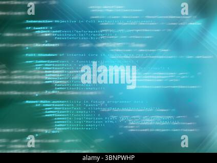 Featuring flat design faded JS code glowing over teal-cyan gradient with grid, streaks, lens flare Stock Photo