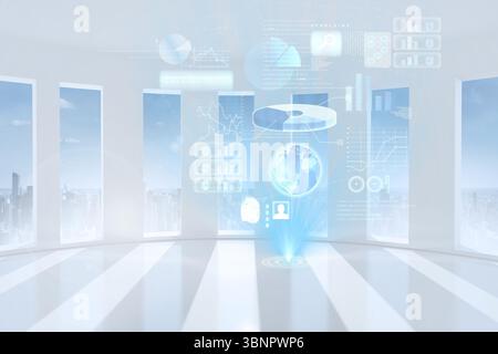Floating holographic interface is glowing in 3D render futuristic demo hall with city skyline view Stock Photo