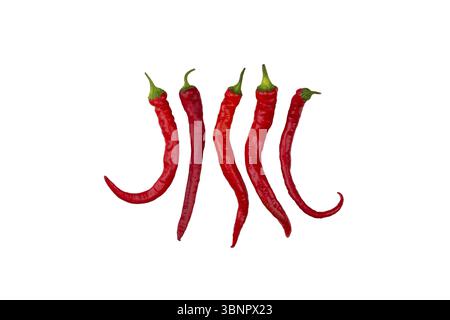 Five large red hot chili peppers isolated on a white background Stock Photo