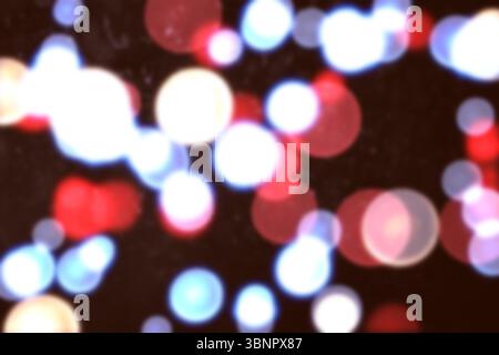 Flat vector design is showing defocused bokeh light circles scattering across dark digital backdrop Stock Photo