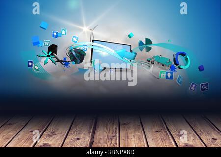 Flat design concept is featuring laptop floating above wooden floor with icons and ribbons Stock Photo