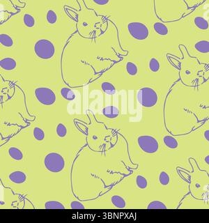 Central purple line-drawn rabbit is featuring in pale green sketch-style pattern with purple ovals Stock Photo