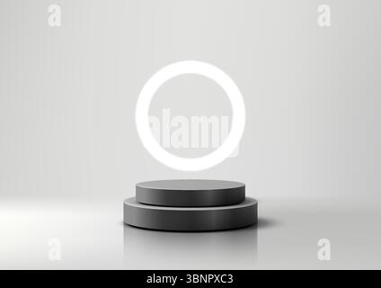 Modern 3D two stacked black cylindrical podiums on a reflective floor with a glowing white ring against a light grey wall, perfect for product display Stock Vector