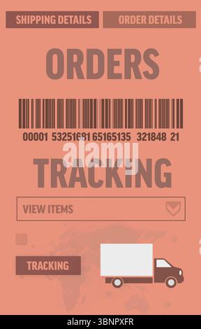Flat design order tracking dashboard is displaying barcode, truck icon over world map silhouette Stock Photo