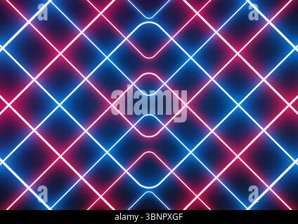 Abstract neon background with glowing blue and red lines curving in a mirrored design. Captured in a dark studio, this futuristic pattern suits tech, Stock Vector