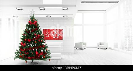Decorated Christmas tree is standing in flat design office with red ribbons and silver star topper Stock Photo