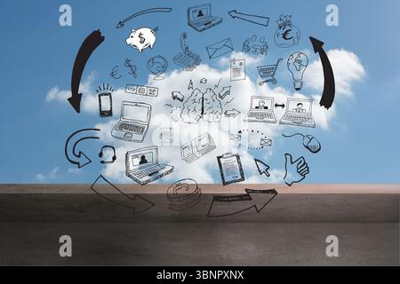 Cloud is floating over paved ground in flat design, featuring black doodle tech and finance icons Stock Photo