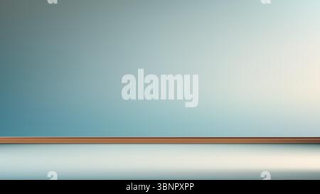 minimalist studio interior featuring a smooth blue green gradient wall transitioning to soft white at the bottom with a thin horizontal wooden strip a Stock Vector