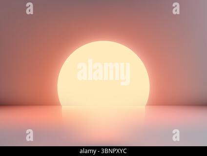 glowing yellow orb rises from a reflective surface at sunrise, surrounded by a soft peach and grey gradient. This minimalist abstract captures calm, e Stock Vector