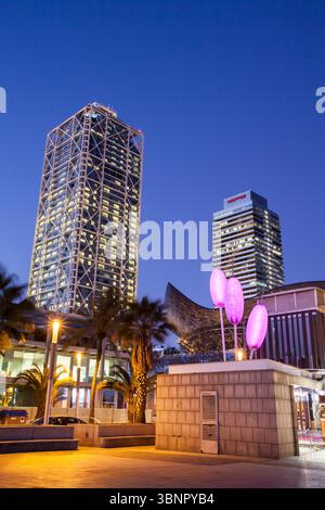 Arts Hotel and Tower Mapfre at night in Barcelona, Spain Stock Photo