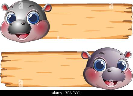 Adorable hippo faces on wooden signboards Stock Vector