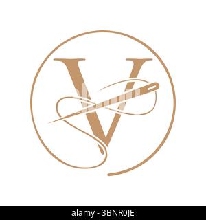 Initial Letter V Tailor Logo, Needle and Thread Logotype for Garment, Embroider, Textile, Fashion, Cloth, Fabric Sign Stock Vector