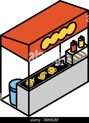Isometric line art illustration of a yakisoba food stall, simple summer festival icon, Vector Illustration Stock Vector