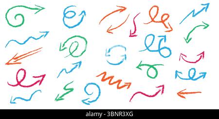 Set of vector arrows with crayon pencil and marker textures. Hand drawn doodle style arrow icons with sketchy curves and directions. Up down left and Stock Vector