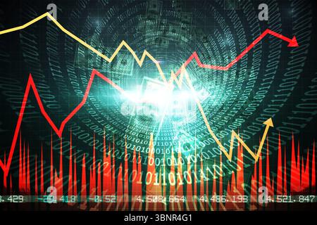 Flat design showing red and yellow charts with red bars on green binary background showing figures Stock Photo