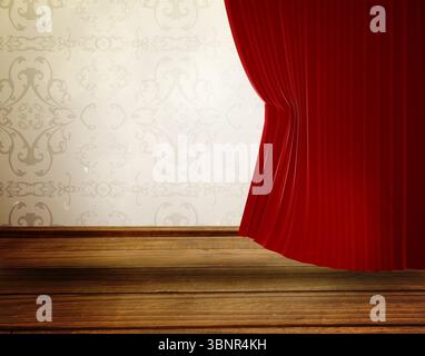 Flat design is featuring red stage curtain drawn aside, revealing floorboards and damask wallpaper Stock Photo